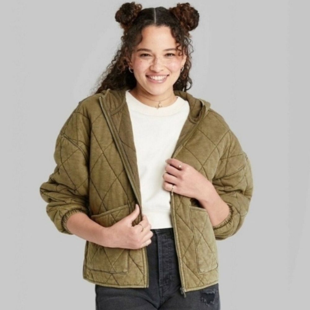 Wild Fable Bomber Jacket Olive Green Quilted Hooded Pockets
